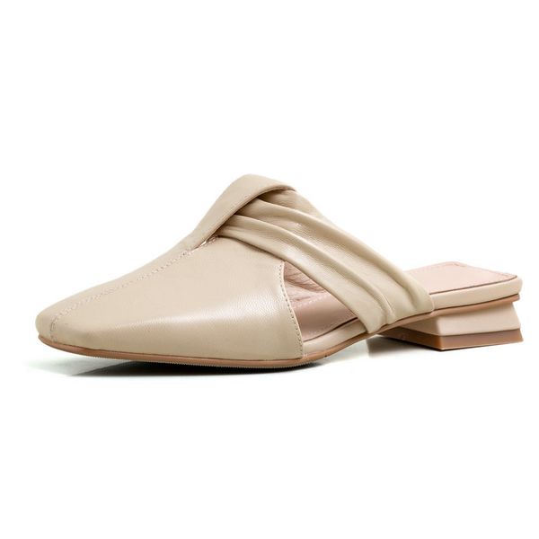 

100% cow leather low heels casual shoes woman slippers square toe shoes woman fashion mules slipper ladies, Black