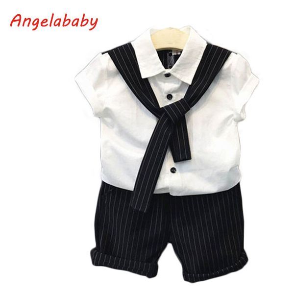 

2019 boys clothing set summercollege wind tie pure color single-breasted blouse + casual striped shorts kids clothes suit, White