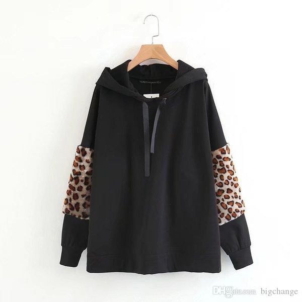 

winter womens leopard print stitching sleeves hooded loose round neck pullover sweater long sleeve fashion design sweatshirt, Black