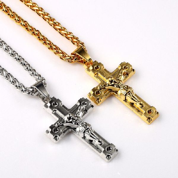 

mens jewelry jesus cross pendant necklaces fashion punk hip hop 18k gold plated 75cm long chain design for men gift, Silver