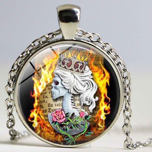 

new crown queen flame skull necklace p pendant tattoo gothic flower jewelry glass dome gothic accessories, Silver
