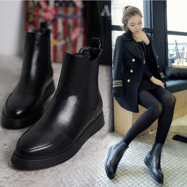 

boots woman winter flats short botines thick bottom pointed toe ankle botas mujer solid stretch booties female ol, Black