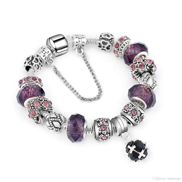 

european style vintage silver plated crystal charm bracelet women fit original diy pandora fine bracelet jewelry gift, Black