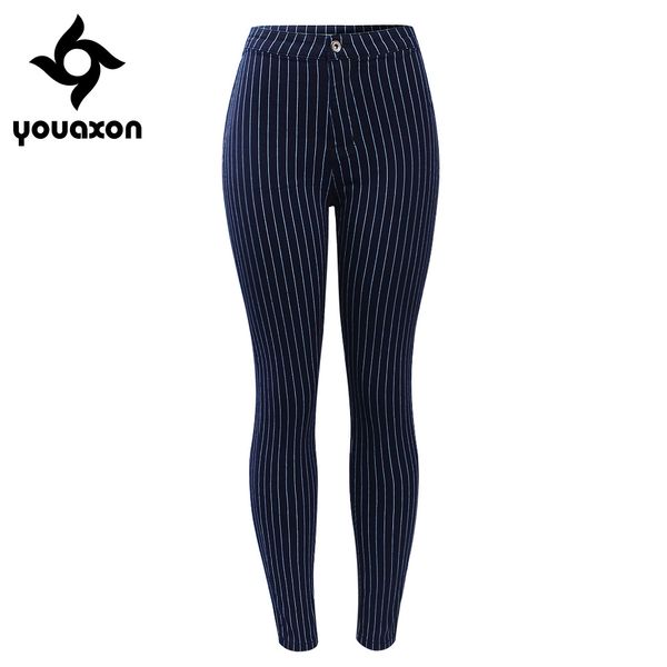 

2209 youaxon eu size white stripes high waist blue jeans woman new spring summer pencil pants trousers for women`s jeans