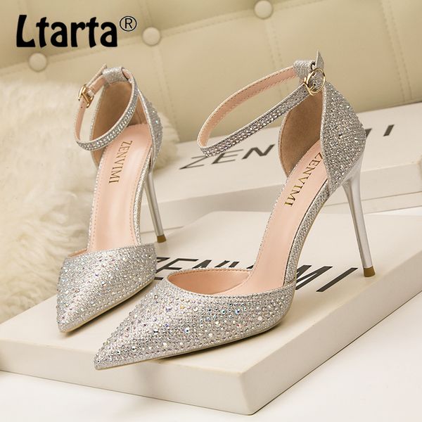 

2020 women's high heels shallow mouth pointed high-heeled hollow women's shoes with shiny rhinestones female wedding sandals zwm, Black