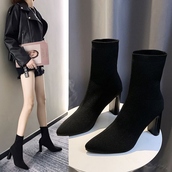 

pointy boot lace up winter boots lady women's rubber shoes rain booties woman 2019 high heels pointe 2020 stockings autumn rock, Black