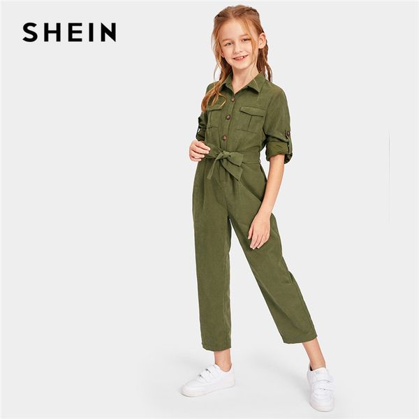 

shein kiddie army green button and pocket front belted casual girls jumpsuit 2019 summer roll up sleeve straight leg jumpsuits, Blue