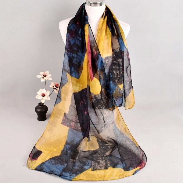 

wemon fashion shawl long voile chiffon scarf chinese ink painting beach shawl pashmina ring stole poncho wholesale 180 x 60 cm, Blue;gray