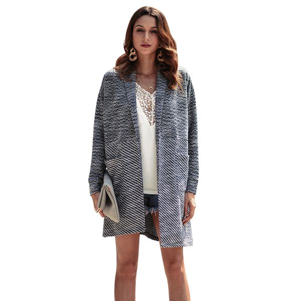 

spring autum elegant lapel neck lantern long sleeves open front long cardigan outwear loose coat with pockets knitted sweaters for women, White;black