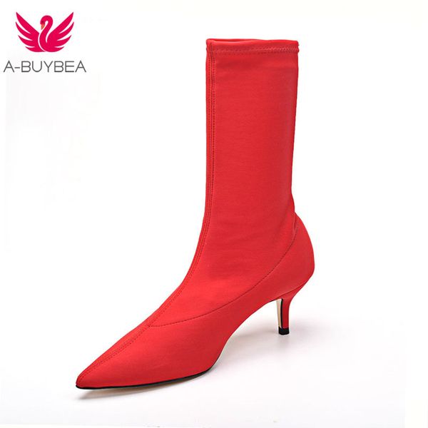 

autumn women sock boots stretch fabric slip on 6.5cm high heels pointed toe ankle boots women pumps stiletto ladies shoes, Black