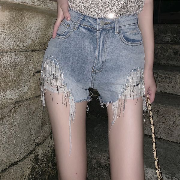

women's shorts women high waist wide-leg loose hole jeans short 2021 fashion korean style solid tassel diamond chain female denim, White;black