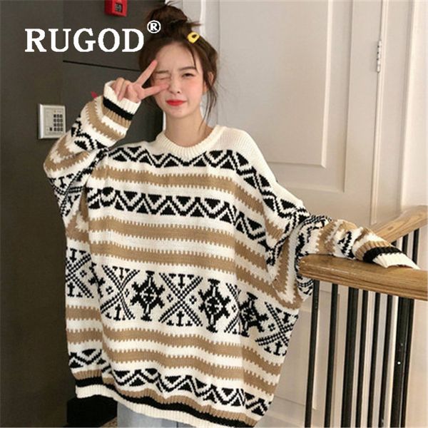 

rugod 2019 new winter warm sweater pullovers for women christmas pattern o neck loose long style knitted pull fashion femme, White;black
