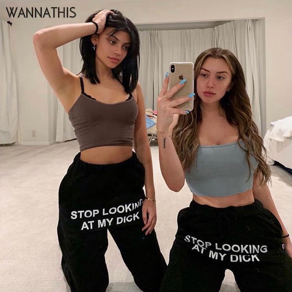 

wannathis print letter black casual sweatpant hip hop laceup loose cotton women carrot trousers fashion autumn ladies streetwear, Black;white