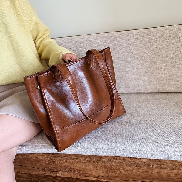 

vintage pu leather big women handbag female 2019 new brand simple designer lady shoulder bag retro large capacity tote bag
