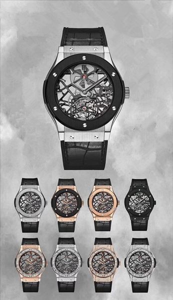 

2020 выдолбленные турбийон роскошные мужские часы 45x11.7mm hub6010 ручные цепные движения турбийон автоматические часы бриллиантовый механи, Slivery;brown