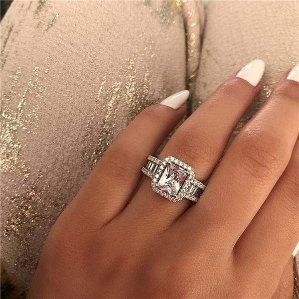 

stunning promise ring baguette cut diamond 925 sterling silver engagement wedding band ring for women party jewelry, Slivery;golden