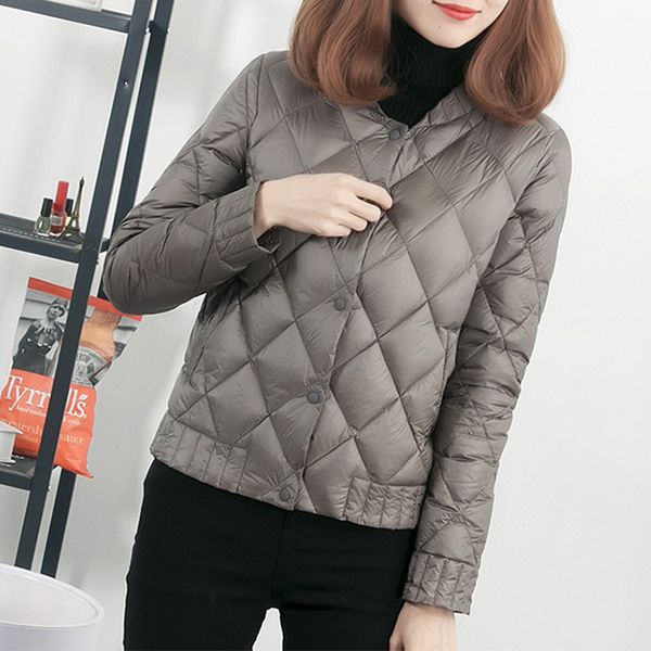 

ailegogo new women winter slim fit warm diamond lattice ultra light white duck down coat female short portable outwear, Black