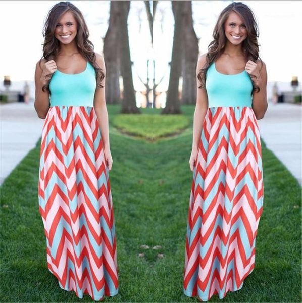 

womens wave striped bohemian dresses fashion sleeveless scoop neck long dresses women summer maxi dress, Black;gray