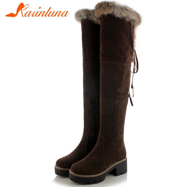 

karin new large size 43 snow boots women shoes woman leisure square heels keep warm plush fur over the knee boots, Black