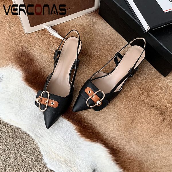 

verconas 2020 new arrival woman pumps cow leather woman sandals metal decoration pointed toe thin heels/high heels shoes, Black
