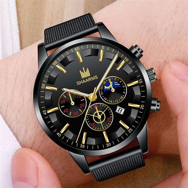 

shaarms men watch 2020 business man watches fashion date mesh band quartz wristwatch luxury sunshine relogio masculino black, Slivery;brown