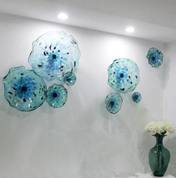 

custom murano flower lamps plate arts blue color luxury 100% hand blown glass hanging plates scallop edges shape