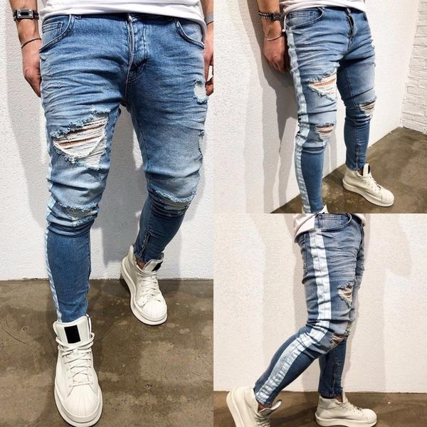 

septhydrogen brand designer new ripped holes men jeans side striped blue jans men zipper hip hop jeans skinny biker jeans