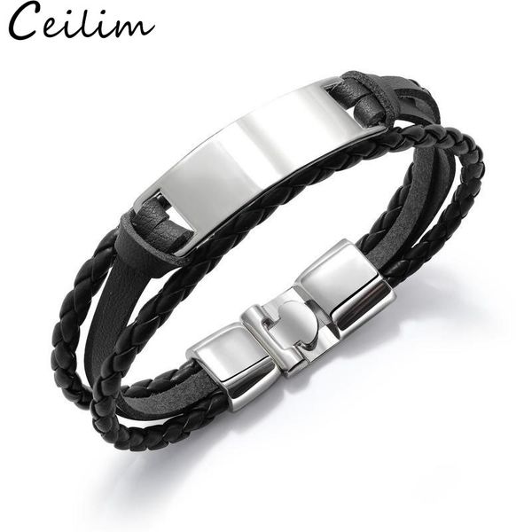 

personalized engraved chain bracelets for men women stainless steel tag layered genuine leather bangle braided black bracelet hand jewelry