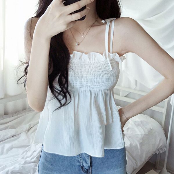 

women solid tube spaghetti strap stretch elastic waist chiffon vest, White