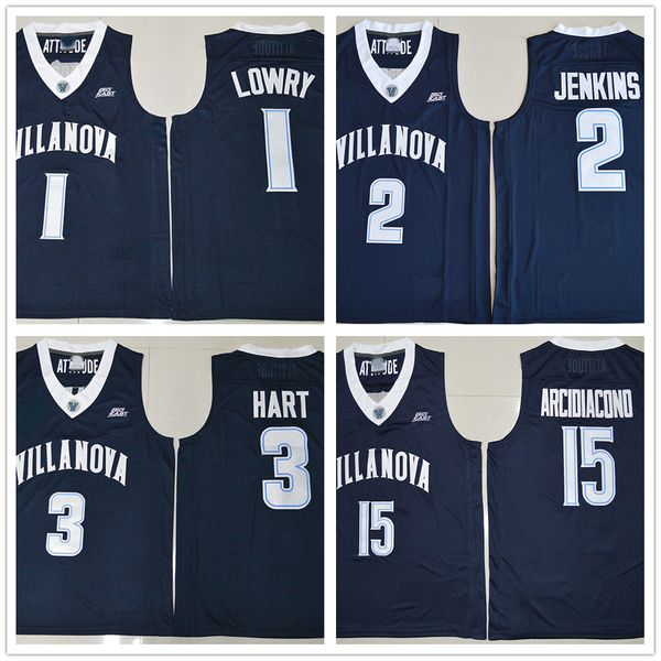 

ncaa villanova wildcats college jerseys kyle 1 lowry 2 kris jenkins josh 3 hart 15 ryan arcidiacono basketball jersey navy blue color, Black;red
