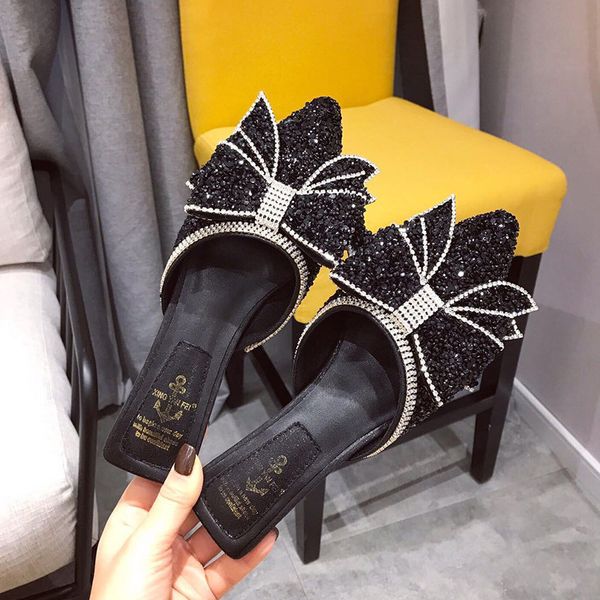 

cover toe glitter slides low butterfly-knot female shoes womens slippers outdoor fashion mules jelly 2020 luxury pointed, Black