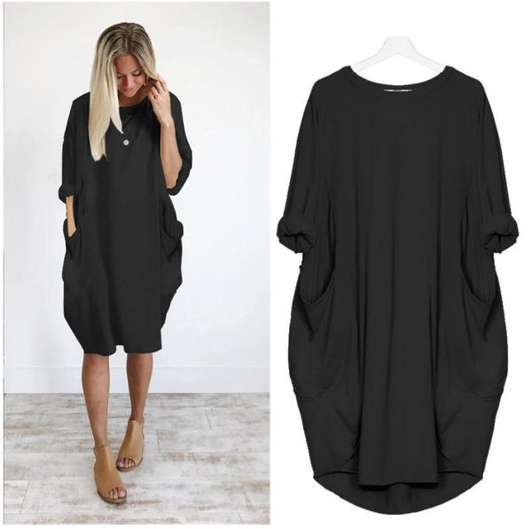 

autumn womens dresses pocket loose dress ladies crew neck casual long girl dress female fashion big vestido sale