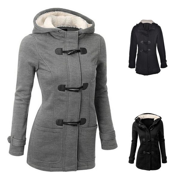 

women's fashion trench coat autumn thick lining winter jacket overcoat female casual long hooded coat zipper horn button outwear, Black