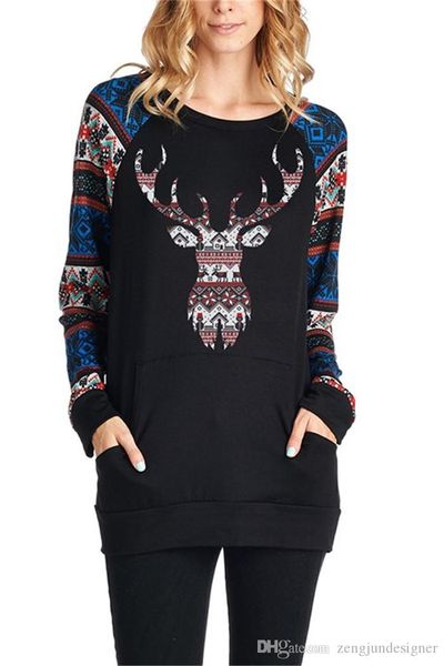 

для женщин deer печать desinger tshirts рождество styel с длинным рукавом экипаж шеи женский одежда фестиваль стиль повседневная одежда, White