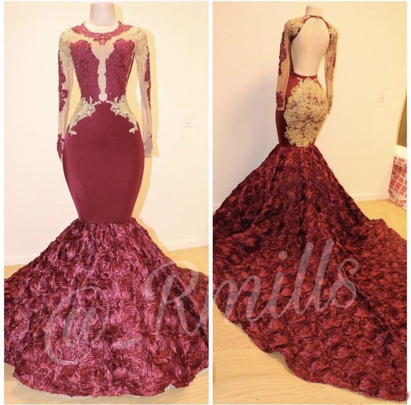 

Burgundy Jewel Neck Mermaid Prom Dresses 2019 Long Sleeves See Through With Gold Lace Formal Celebrity Gown 3D Flower Plus Size Party Dress
