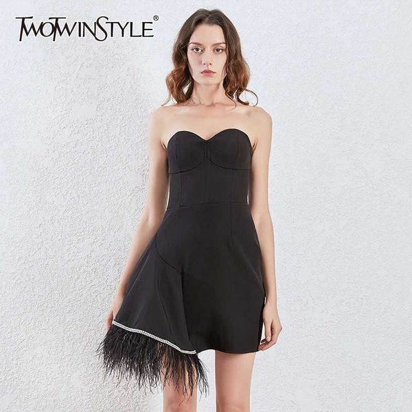 

twotwinstyle patchwork feather dress women slash neck strapless high waist asymmetrical dresses female fashion clothes 2020 tide, Black;gray