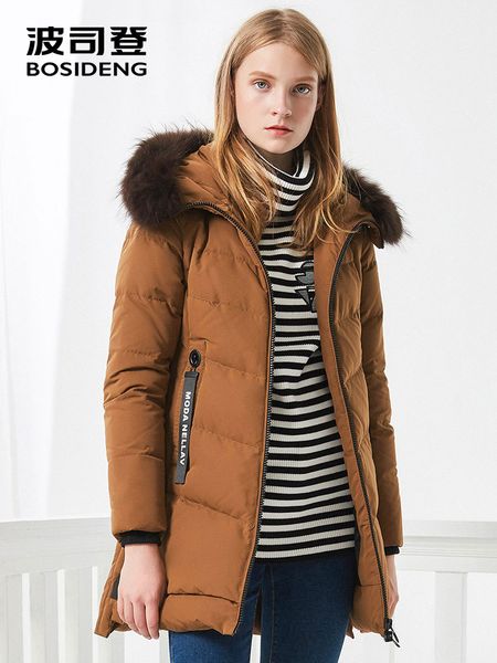 

bosideng women down coat winter thick down jacket mid-long real fur collar thick parka ribbons pocket oversize b70141060, Black