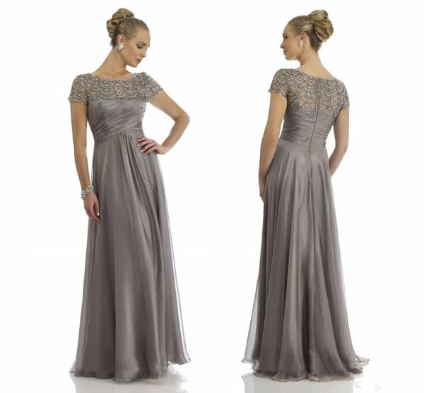 

gray vintage sheer crystal chiffon mother dresses short sleeve rhinestone ruffles empire scoop neckline mother of bride groom dresses, Black;red