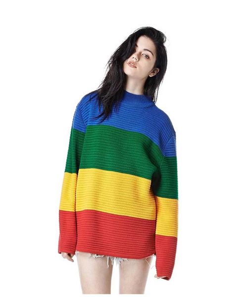 

nicemix women casual oversized rainbow striped knitted sweaters autumn winter crewneck knitwear loose pullovers jumper pull femm, White;black