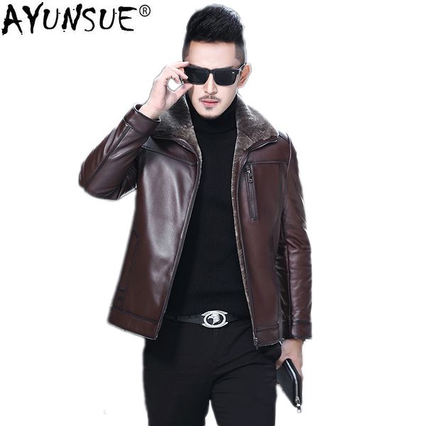 

ayunsue 100% genuine leather jacket men natural wool fur coat winter sheepskin coat real fur thick mens leather jackets kj851, Black