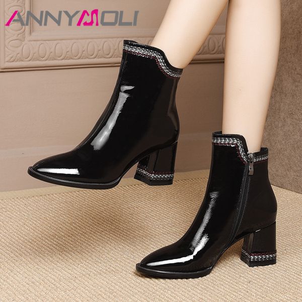 

annymoli autumn ankle boots women natural genuine leather thick high heel short boots zip round toe shoes ladies winter size 39, Black