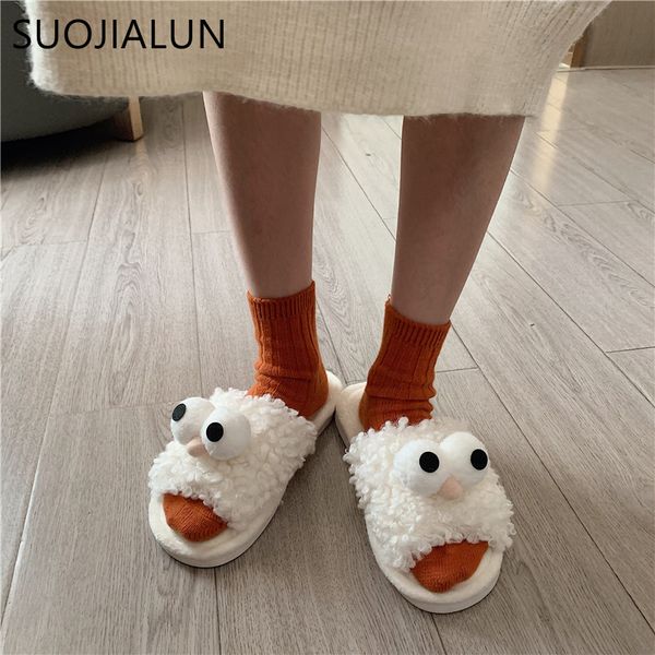 

suojialun women winter house fuzzy slipper cute cartoon big eyes faux fur fashion warm shoes slip on flats female furry home sli, Black