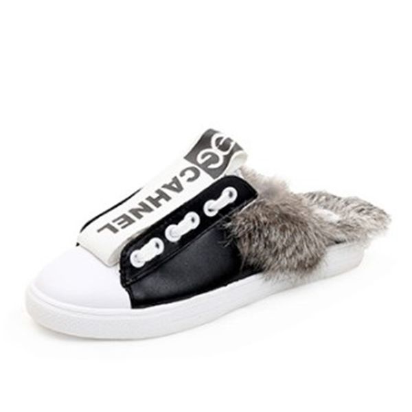 

роскошные модные новые девушки обувь осень новый мех шерстяные тапочки с плоским дном круглая голова тапочки теплые и комфорт студенты тапоч, Black