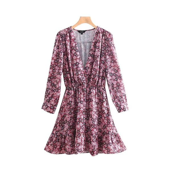 

Women V Neck Floral Print Mini Dress Elastic Waist Side Zipper Ruffles Female Casual Dresses Vintage A Line Vestidos