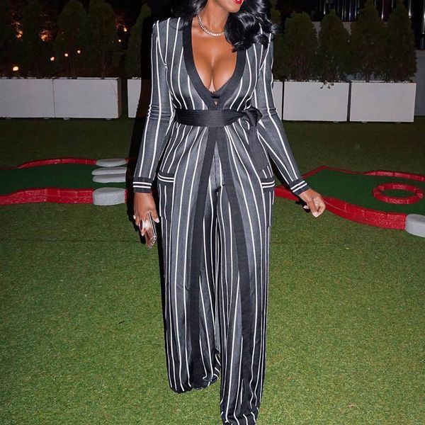 

two piece set women 2019 autumn striped long sleeve sashes long trench coat and wide legs pants office causal black suits, White