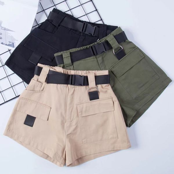 

high waist wide leg cargo women's shorts vintage sashes solid khaki pocket women shorts 2020 summer fashion new casual clothes, White;black