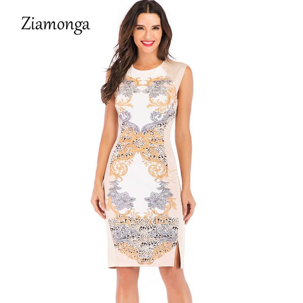 

Women Vintage Floral Printed Bandage Dress 2019 Brand Design Sleeveless O-Neck Midi Pencil Office Dress Retro Vestidos