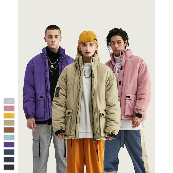 

men's winter new simple pure-color magic stick thickened thermal collar cotton clothes and cotton jacket, Black