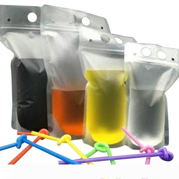 

500pcs clear drink pouches bags frosted zipper stand-up plastic drinking bag with straw with holder reclosable heat-proof 17oz st454