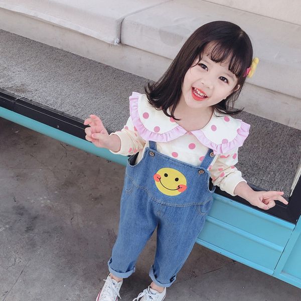

spring girls princess clothes sets children kids baby long sleeve dot polka +jeans smile overalls pant 2pcs outfits s10727, White